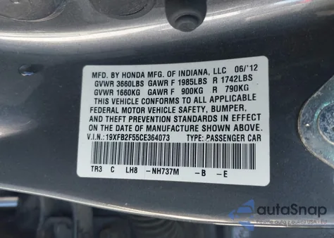 2012 Honda Civic Lx from USA, damaged, VIN 19XFB2F55CE364073
